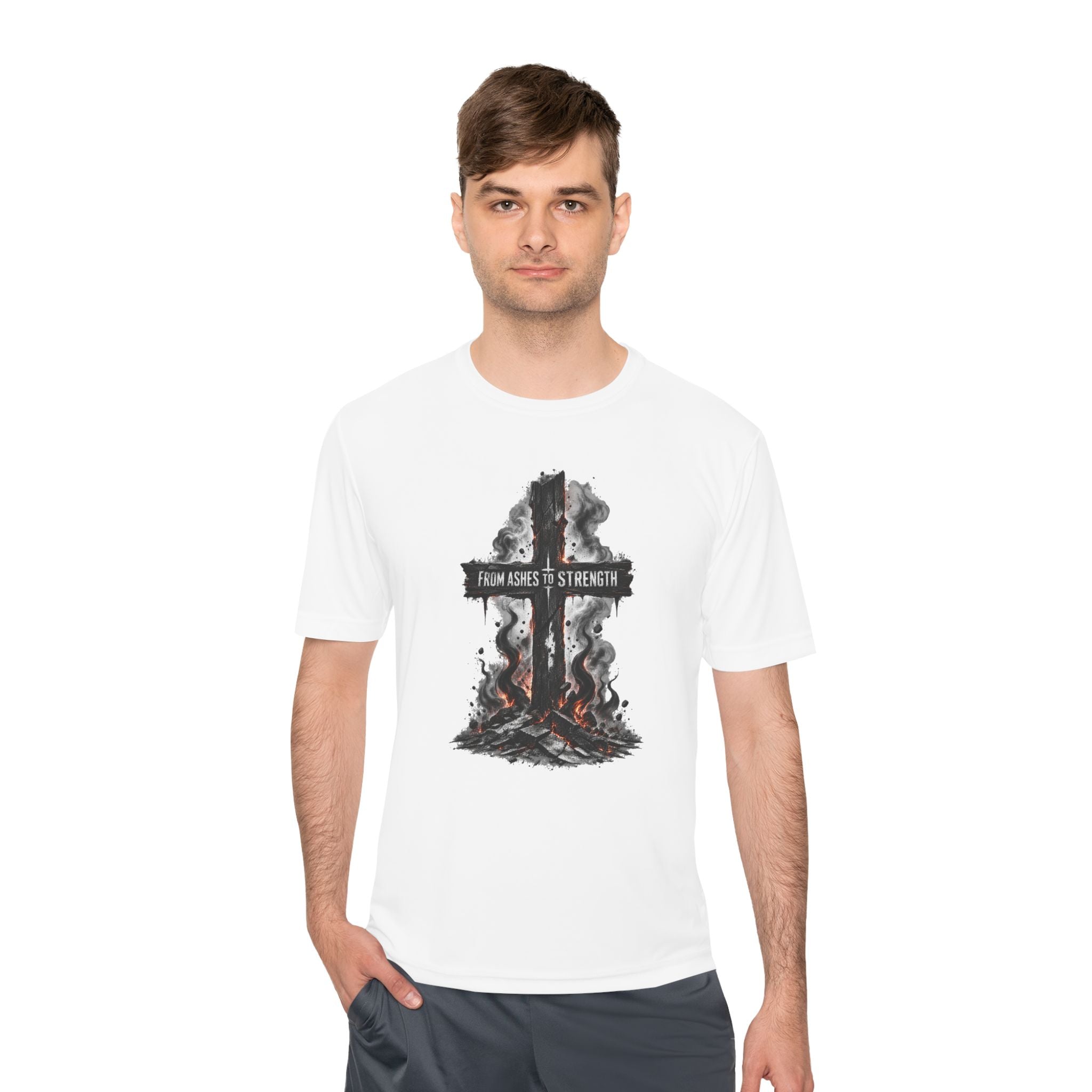 Faith Cross Tee — "From Ashes to Strength" Moisture-Wicking Christian Shirt