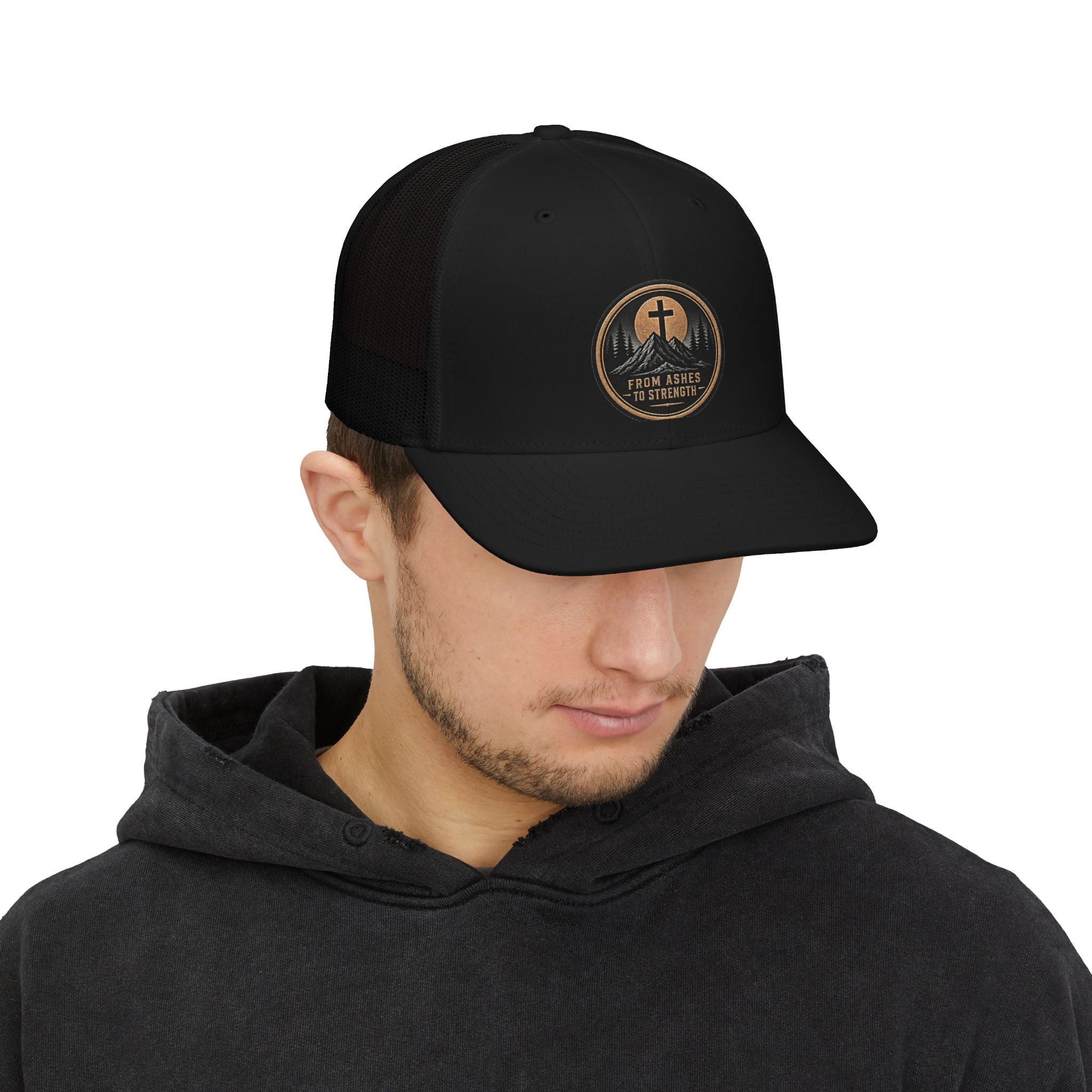 Christian Anchor Patch Trucker Cap — "From Ashes to Strength" Snapback Hat