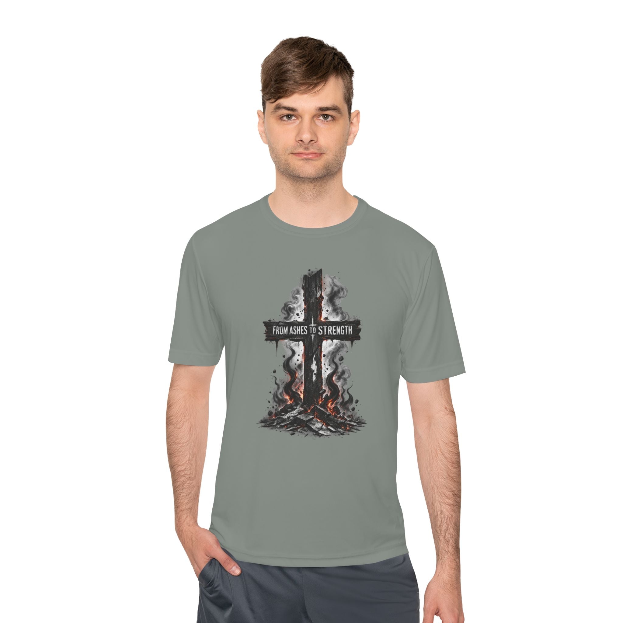 Faith Cross Tee — "From Ashes to Strength" Moisture-Wicking Christian Shirt