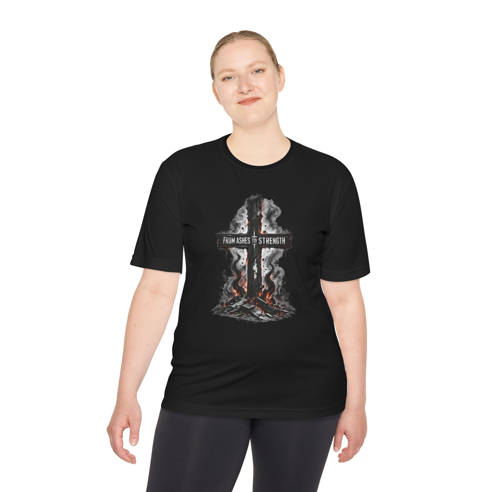 Faith Cross Tee — "From Ashes to Strength" Moisture-Wicking Christian Shirt
