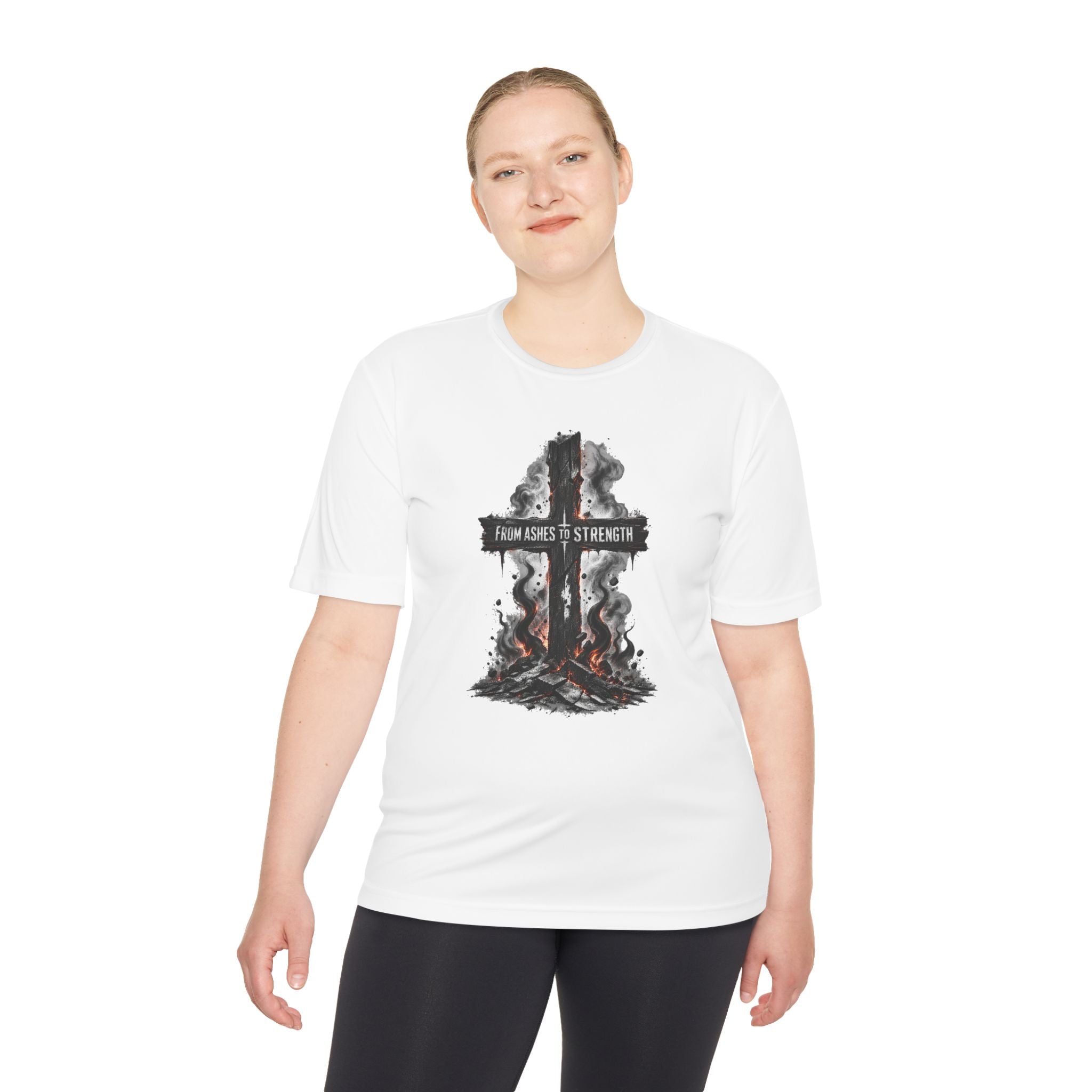 Faith Cross Tee — "From Ashes to Strength" Moisture-Wicking Christian Shirt