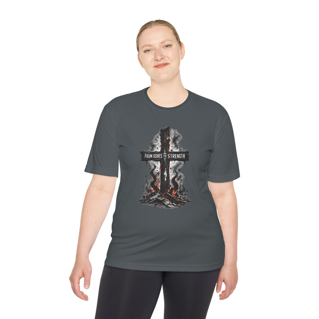 Faith Cross Tee — "From Ashes to Strength" Moisture-Wicking Christian Shirt