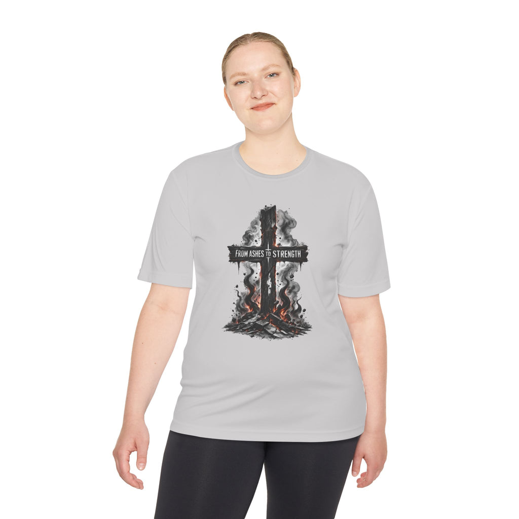 Faith Cross Tee — "From Ashes to Strength" Moisture-Wicking Christian Shirt