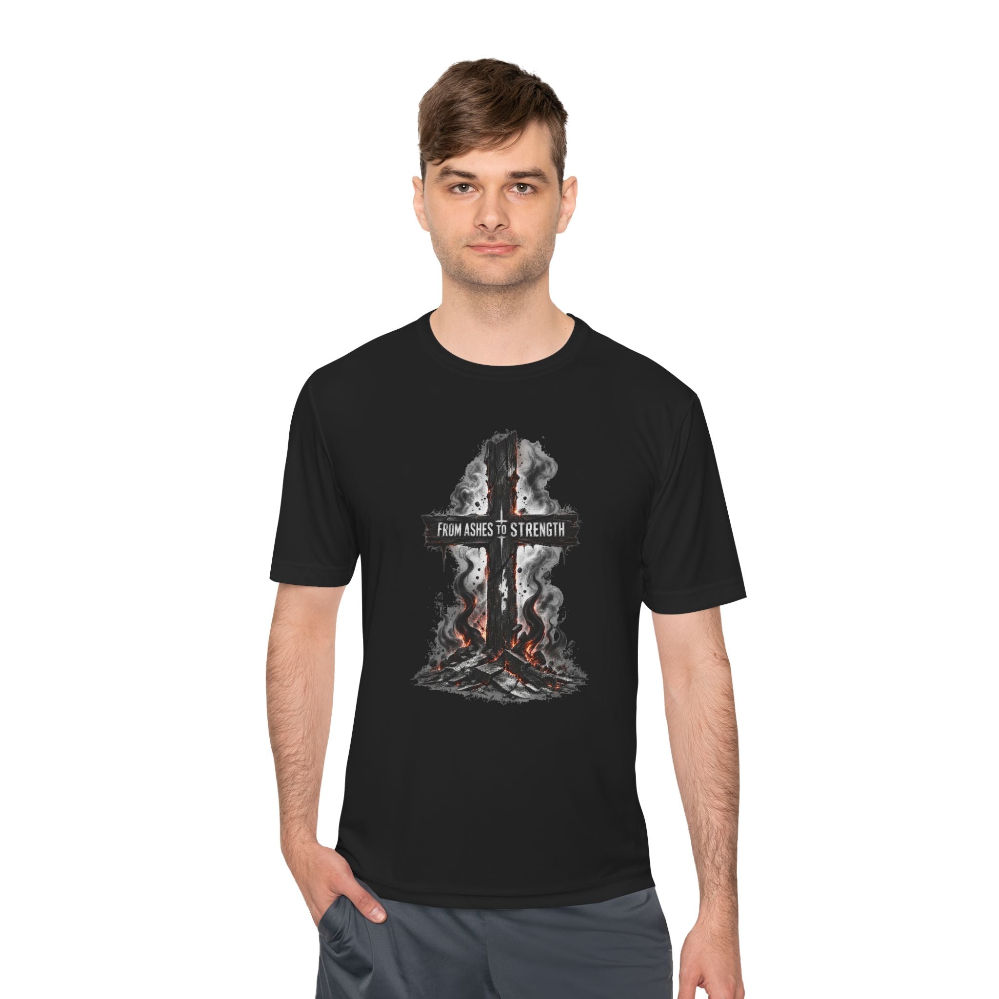 Faith Cross Tee — "From Ashes to Strength" Moisture-Wicking Christian Shirt