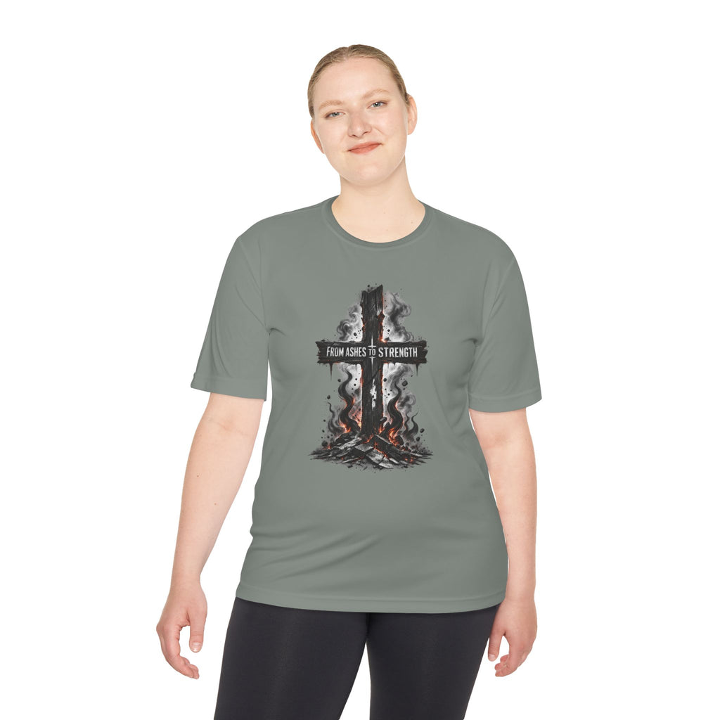 Faith Cross Tee — "From Ashes to Strength" Moisture-Wicking Christian Shirt